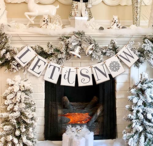 Let it Snow Banner, Wooden Sign Decor, Winter Banner for Mantle, Winter Decoration for Home,Wonderland Vintage Decoration for Inside Mantle Fireplace Party Window