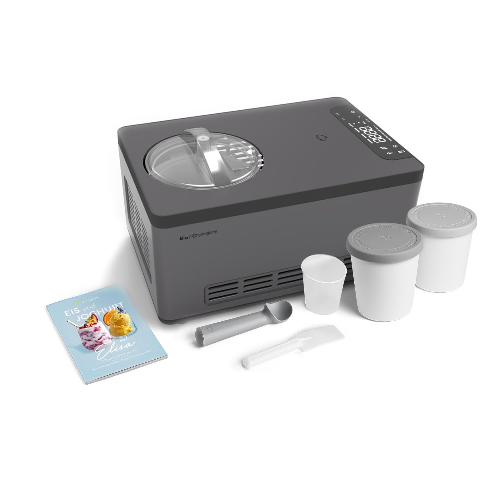 SPRINGLANE Eismaschine & Joghurtbereiter Elisa 2,0 L mit selbstkühlendem Kompressor 220 W, aus Edelstahl mit Kühl- und Heizfunktion (Elisa Anthrazit, Eismaschine + 2 Eisbehälter Grau)