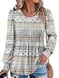 BETTE BOUTIK women's tops crewneck pleated long sleeve tunic tops spring fall tunic tops for women Retro Graphics XX-Large