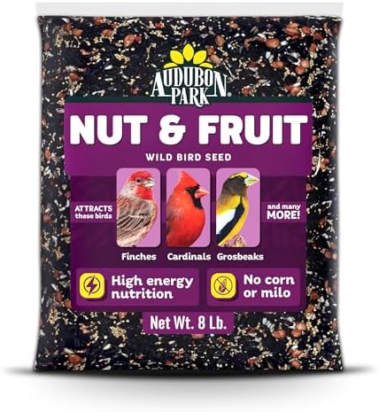best dried fruit for wild birds that will attract every feathered friend 5 Audubon Park Nut & Fruit Wild Bird Seed – 8 lb. Premium Blend with Sunflower Seeds, Peanuts, Safflower & Dried Fruit – Bird Food for Outside Feeders