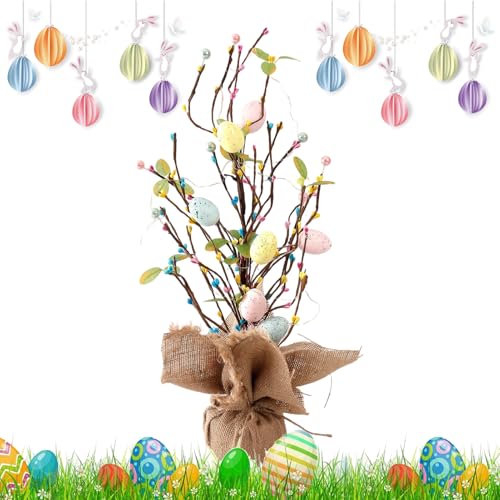 Árbol de Pascua con luces y base de arpillera para mesa de primavera