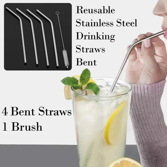 Image of Reusable Stainless Steel Straws Set - 5 Pieces (2 Bend Pipe, 2 Long, 1 Cleaning Brush) - Rainbow Metal Drinking Straws
