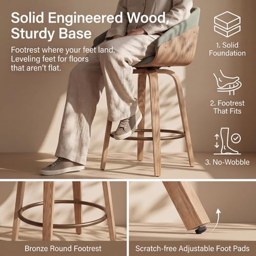 Image of HNY 26 inch Swivel Bar Stool Set of 1, Green Linen Counter Height Barstool | 360 Swivel Bar Height Stools, Barrel Backrest, Solid Wood Frame, Round Footrest, Counter Stools for Kitchen Island, Home Bar