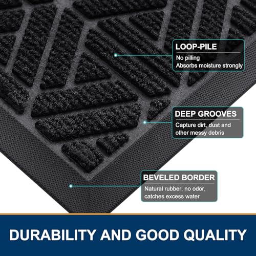 Smiry Front Door Mat Outside Entrance, Heavy Duty Natural Rubber Doormat, Trap Dirt and Moisture Easy Clean Low Profile Patio Porch Welcome Floor Mats for Entry, 47x23 Inch, Black