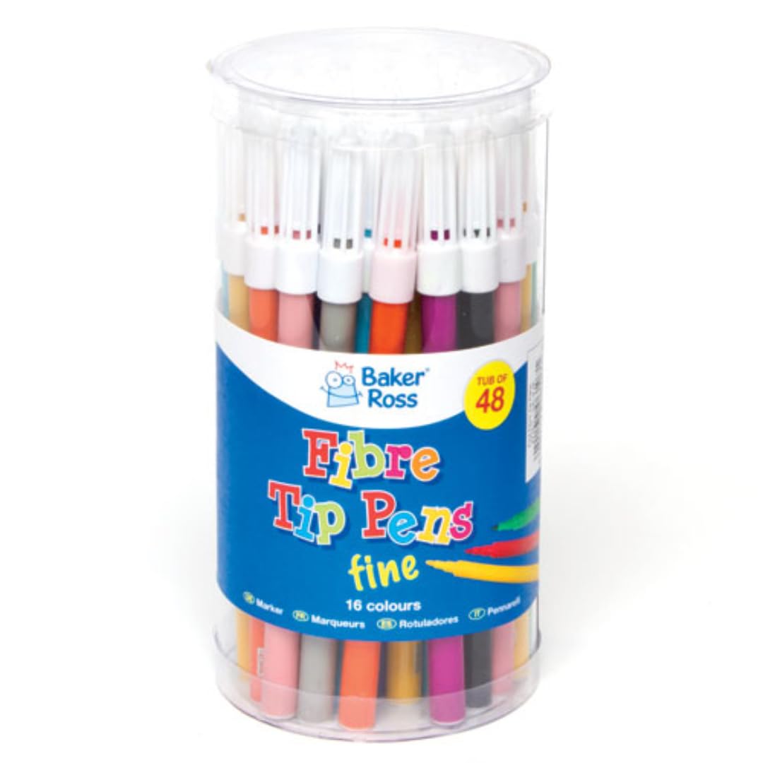 Baker Ross AF961 fine tip fibre pens value tub - tub of 48, assorted colours