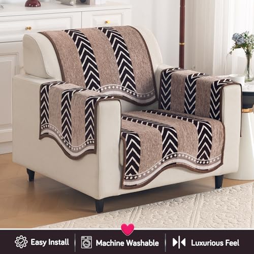 Image of HOKIPO Complete (Seat+Back+Arm) Sofa Mat Set for 1 Seater Sofa |Premium Chenille Sofa Covers with Curve Edges, 'Serene Curves Series' - Nomad Chevron (IN-993+1002+1001 * 2 - D5)