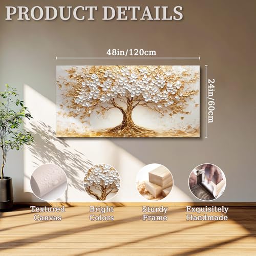 SERIMINO Blossom Tree of Life Wall Art, White Gold Tree Large Wall Decor, Natural Landscape Abstract Art Paintings, Modern Home Wall Pictures for Living Room Bedroom Office Canvas Prints 24"X48"