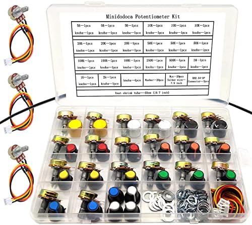 87PCS Potentiometer Kit Minidodoca B1K B2K B5K B10K B20K B50K B100K B250K B500K B1M Ohm Linear Taper Rotary Audio B Type Potentiometer+9 Colors of Aluminum Alloy & Plastic knobs + XH2.54-3P Connector
