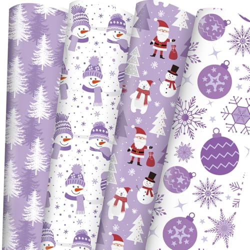 Adurself 28 x 40 In Christmas Wrapping Paper Purple Snowflake Santa Xmas Tree Snowman Bear Assorted Design Folded Flat Gift Wrap Paper - 6 Jumbo Sheets for Xmas Winter Holiday Birthday Party Celebration