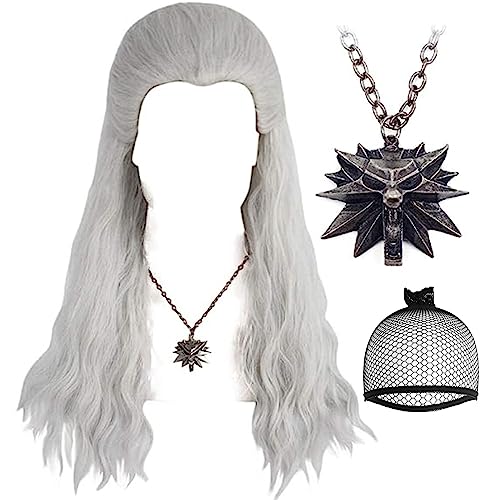 ANOGOL Hair Cap+(1 Necklace) Silver White Wigs Men Long Curly Silver White Wigs for Comic Con wigs with Necklace Costume Wig for Halloween for Party