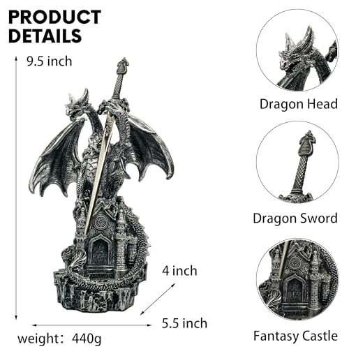 Hmusnwol Dragon Statue with Medieval Sword-Collection Figurine Fantasy Decor - Silvery Dragon Standing Gothic Castle for Tabletop Bookshelf — view 2