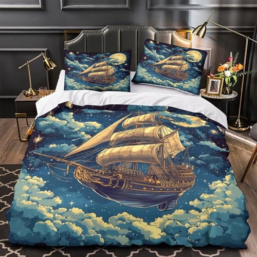 YVASPQRTW Barco de fantasía 3D Impresión Funda de edredón 3pz Microfibra Transpirable Aventura náutica Edredón Funda 2 Fundas fácil Cuidado Adultos Familia Double（200x200cm）