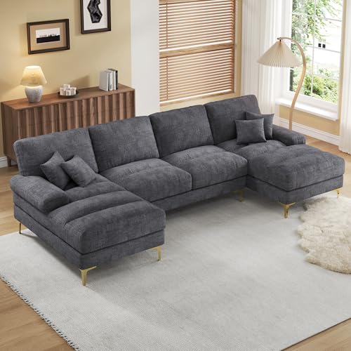 Sapgaks Sofá modular moderno en forma de U de 4 plazas, mueble tapizado, diseño moderno, tela chenille (gris)