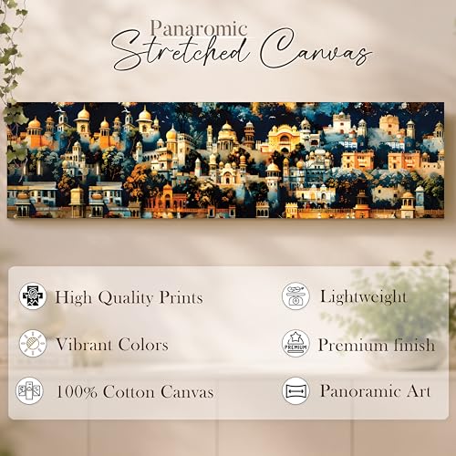 Image of Traditional Indian Cityscape Stretched Canvas Wall Art Painting for Living Room, Mughal Architecture Landscape Canvas Wall Decor For Livingroom, Bedroom, Office, Hallway's, Hotel 12x46 Inch