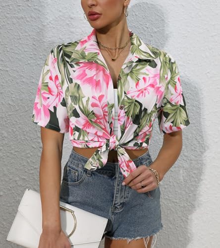 ChainJoy Women's Hawaiian Shirts Short Sleeve Button Down Soft Cool Floral Tropic Print Casual Blouse Tops4