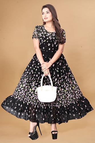 Image of Women's Maxi Dress, Floral Print, Short Sleeve, A-Line Fit and Flare Style