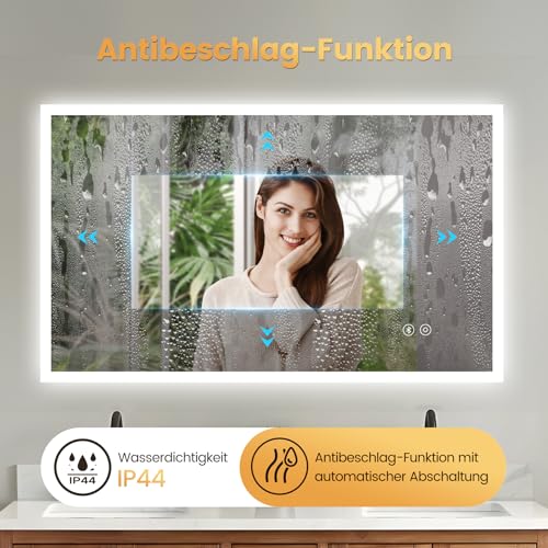 YOLEO Badspiegel mit Beleuchtung, LED Spiegel mit Bluetooth-Lautsprecher, Wandspiegel mit Steckdose, Badezimmerspiegel LED Beschlagfrei mit Touchschalter, 3 einstellbare Lichtfarbe, 100x60cm 5