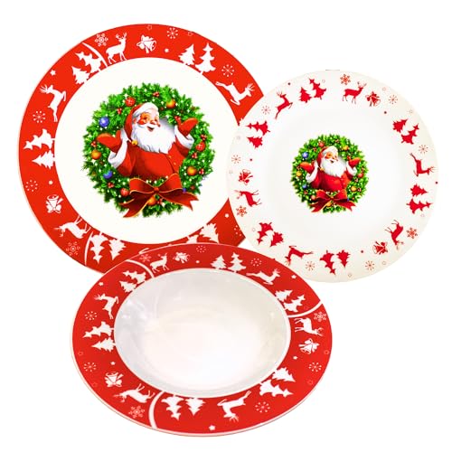 Omniacasa Juego de 18 platos de porcelana de Navidad para 6 personas con decoración de Papá Noel con guirnalda navideña