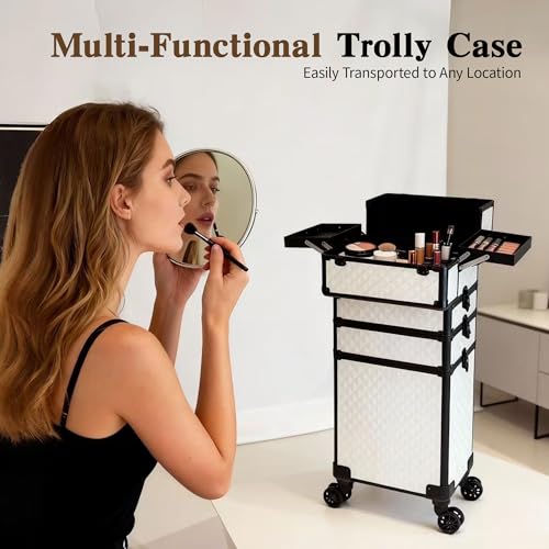 Image of 5 in 1 Rolling Makeup Train Case on Wheels Large Cosmetic Organizer Travel Cart for Women Beauty Salon Barber Hairstylist White