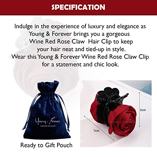 Image of Young & Forever Red Rose Fabric Flower Hair Claw Clip for Women & Girls | Large Glossy Black Acrylic Hair Catch Clutch for Thick & Long Hair | Elegant Floral Hair Accessory for Weddings, Parties & Everyday Wear