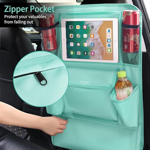 Image of LUCMO Car Backseat Organizer with Touch Screen Tablet Holder, Light Blue | 9 Storage Pockets,Clear Tablet Holder,Protectors Kick Mats,Travel Accessories,Seat Cover,Road Trip Essentials