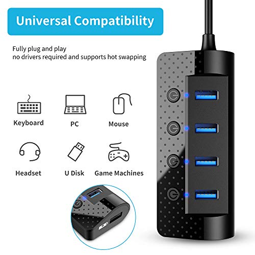 Hub USB attivo 3.0 con alimentatore, distributore USB, 4 porte 3.0, 5 Gbps interruttore di alimentazione singolo e 1 porta ricarica intelligente, alimentatore rete da 15 W (5 V/3 A) - Hub USB - Immagine 2