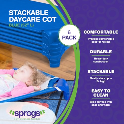 Image of Sprogs Heavy-Duty Stackable Standard Size 52 inchL Daycare Cots for Kids and Toddlers, Stacking Preschool Classroom Kids Cots for Sleeping, Resting, Naptime, Pack of 6, Blue