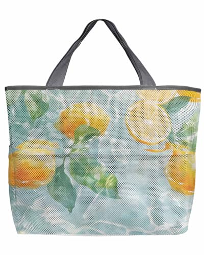 Mesh Beach Bag Oversized Tote Bags for Women Summer Lemon Leaves Blue Lake Large Bags for Travel Pool Grocery