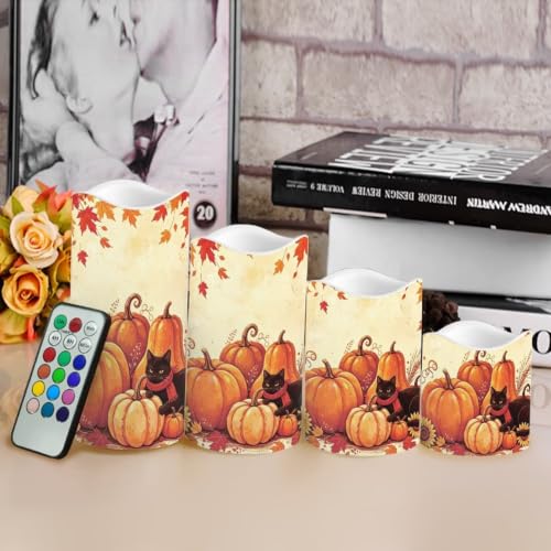 Image of Fall Black Cat Battery Operated Candles Set of 4 | Thanksgiving Day Battery Operated LED Pillar Candles, Flickering Flame, Multi‑Color Changing, Home Decor for Living Room
