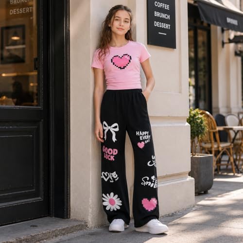 Image of Girls Clothes 2 Piece Cute Pixel Heart-Print Top Graffiti-Print Pants Sets | Trendy Y2K Inspired Outfit with Fitted Top and Wide Leg Bottoms, Casual Streetwear for Teens Girls 7-14Y