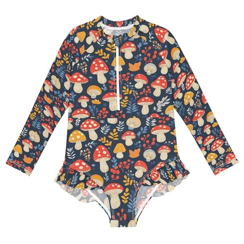 Mushroom Leaf Navy Blue Kids Swimsuits 1-Piece UV Protection Baby Girls Bikini Swimsuit Set Swimming Suits for Funny Presents 11-12Y