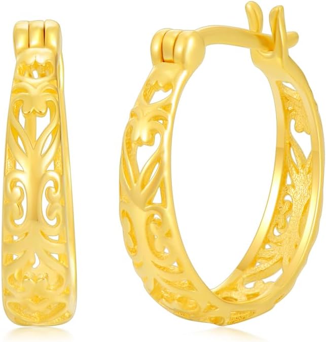 14K Solid Gold Hoop Earrings for Women,14kt Real Yellow Gold Small Filigree Huggie Hoop Earrings Jewelry Gifts for Mom Wife Birthday Christmas Mother's Day