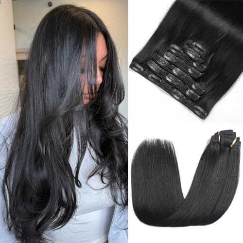 Clip-in Hair Extensions Real Human Hair - 16 Inch 7pcs, Natural Black Color - Straight Soft Hair Extensions Real Human Hair Clip-ins for Women (#1B 16 Inch)