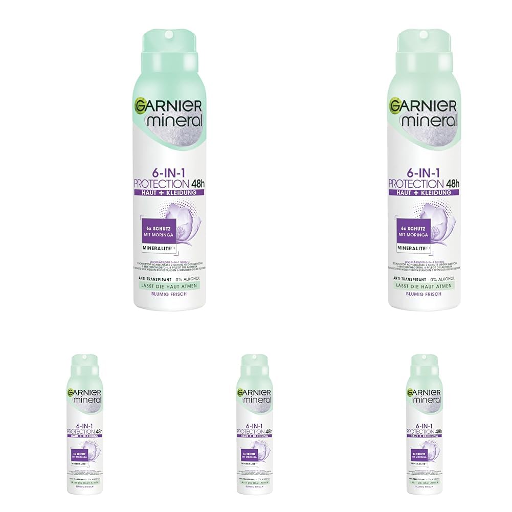 Garnier Mineral 6-in-1 48H Anti-Transpirant mit Moringa & Mineralite, Blumig Frisch, 150 ml (Packung mit 5)