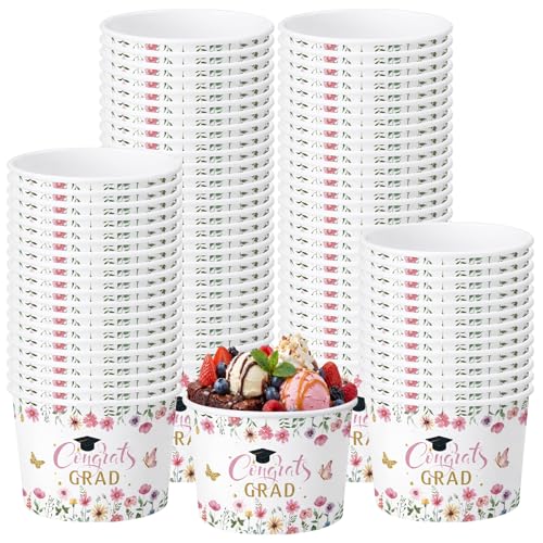 Image of Funnymoom 50 Pack Pink Wildflower Graduation Ice Cream Cups 9 oz Class of 2026 Congrats Grad Disposable Dessert Snack Cups Floral Graduation Paper Soup Bowls for College High School Party Supplies