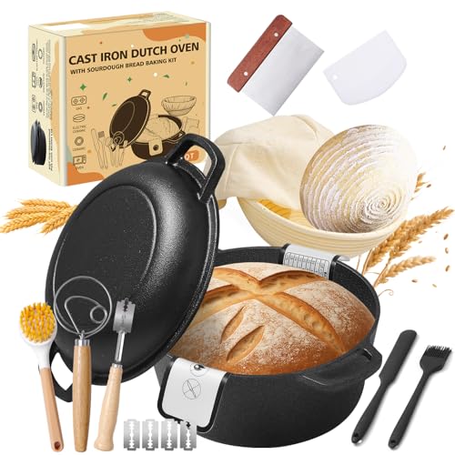 Pre-Seasoned Cast Iron Dutch Oven for Bread Baking - incl. Sourdough Bread-Baking Supplies like Proofing Basket, 2-in-1 Dutch Oven Pot with Skillet Lid and Dual Handles, Sour Dough Tools, Lame, 5QT