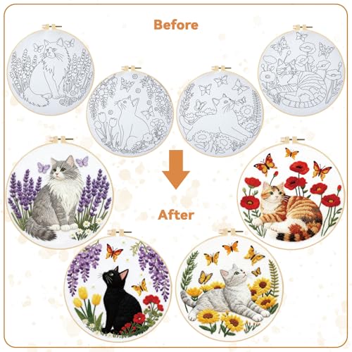 Image of BEUNITONE 4 Set Embroidery Kit for Beginners, Cat and Butterfly Pre-Stamped Pattern Needlepoint Kits for Adults with Hoop and Instruction, Cute Hand Embroidery Patterns for Cloth and Home Decor