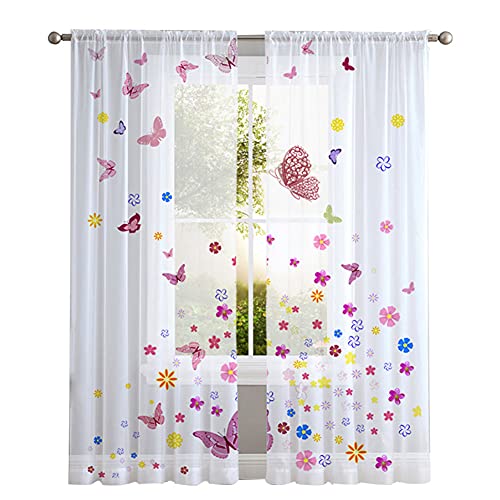 Hiseng Cortina Visillos Semitranslucida 2 Piezas Cortinas Salon Translúcidos de Dormitorio Moderno Cortina para Ventana Sala Cuarto Cocina Habitacion (Mariposas,140x160cm)
