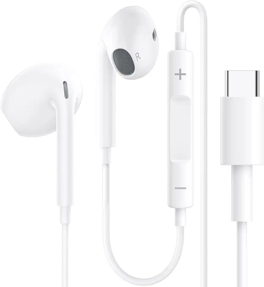 Kyxoovex Écouteurs Filaires USB-C pour iPhone 17/16/15 Écouteurs Intra-Auriculaires Hi-FI Stéréo Typ-C avec Microphone et Contrôle du Volume pour Apple 17/16/15, Samsung S24/S23, iPad - Blancs