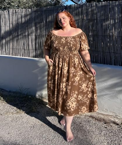 Image of RITERA Plus Size Dresses for Curvy Women Square Neck Short Sleeve Summer Floral Smocked Maxi Dress with Pocket XL-5XL