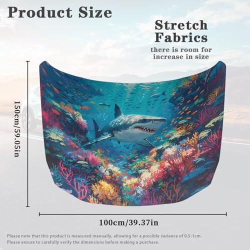 Image of Car Hood Cover for Compact Sedans SUV Trucks,Shark Theme 59x39 Inches Stretchable Auto Hood Wraps Vehicles Banner Automotive Exterior Accessories