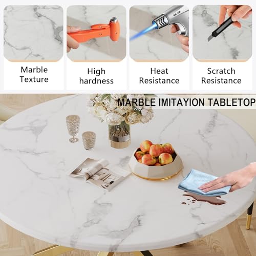 Image of 5-Piece Round Dining Table Set for 4, Luxury Faux Marble Kitchen Table Set for 4 with Beige Velvet Chairs, 45 inch Circle Dining Room Tables with White Marble Top and Gold Stainless Steel Cross Legs