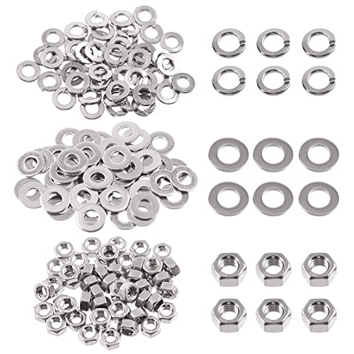 Swpeet 150Pcs SAE 304 Stainless Steel 1/4-20" Hex Nuts and #1/4 Flat Washers with #1/4 Split Lock Washers Assortment Kit