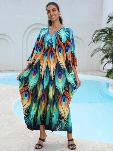 Image of IMAGEKOPE Women's Plus Size Animal Print V-Neck Batwing Kaftan Beach Dress Bathing Suit Cover-Up Loungewear