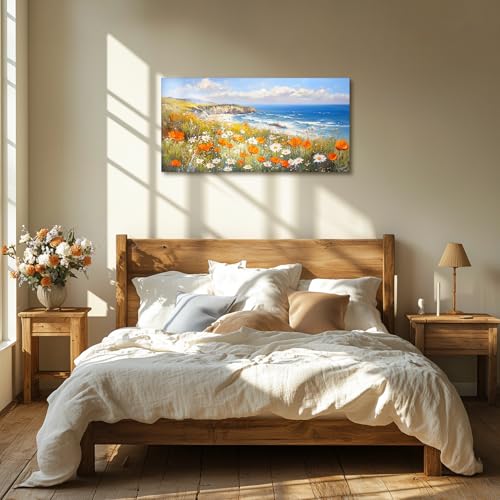 crmotu Coastal Wall Art, Flower Pictures Wall Decor, Large Landscape Wall Art, Seaside Wildflower Art Prints, Seascape Paintings for Living Room Bedroom Bathroom Kitchen Farmhouse Cottage 20x40inch