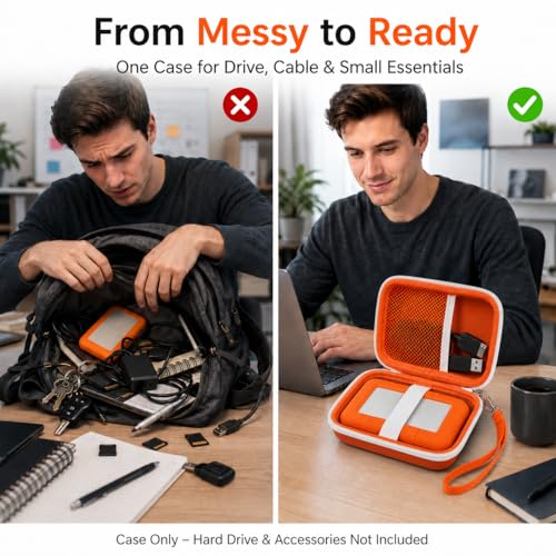 Image of ALKOO Case for LaCie Rugged Mini 1TB /2TB /4TB /5TB External Hard Drive | Portable HDD Holder, Cable Pocket, SD Card Storage, for Photographers, Creators, Students, Office,Travel,Case Only,Tangerine