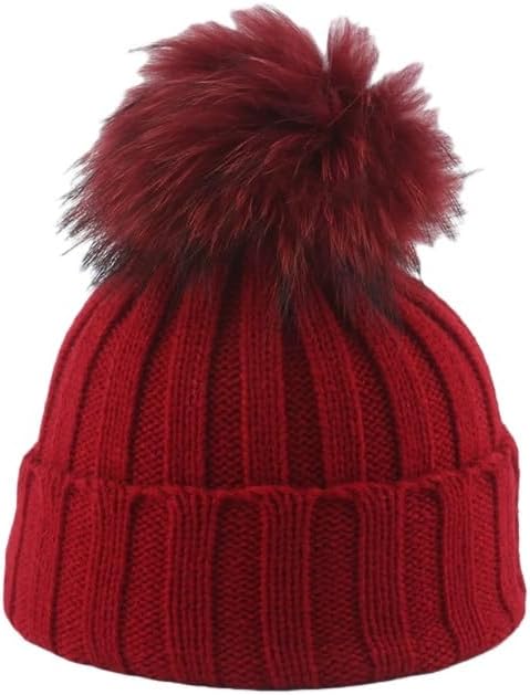 Kids' Chunky Knit Beanie with Big Furry Pom Pom, Soft Rolled Brim Winter Hat for Boy & Girl, Thick Yarn Skull Cap