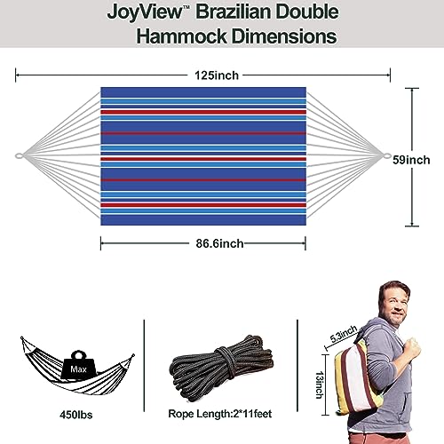 Image of JoyView Brazilian Double Hammock with Hanging Ropes Extra Large 86.6x59 inch Portable Cotton Hammock for Patio Backyard Porch 450LBS Weight Capacity Perfect for Outdoor /Indoor - Blue Stripe