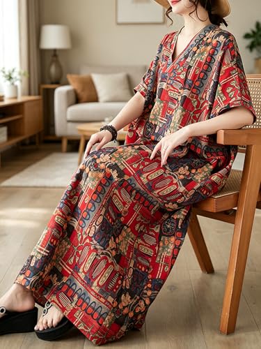 Image of Plus Size Summer Dress Printed V Neck Casual Loose Long Dresses with Pockets