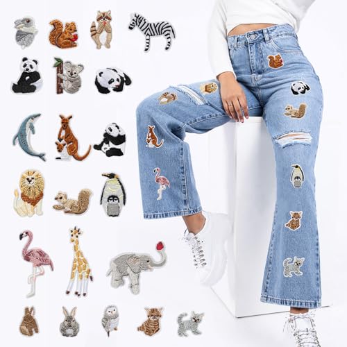 21 Stück Flicken zum Aufnähen oder Aufbügeln, Aufnäher Tiere für Kinder oder Erwachsene, DIY Bügelflicken für Jeans, Kleidung und Rucksäcke